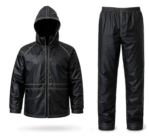 Auto Accessori Lupex Tuta Moto Impermeabile Antipioggia Antivento, colore nero, con borsa, completo giacca e pantalone da pioggia con cappuccio a scomparsa, a Taglie, Pvc, Unisex Uomo Donna (M)