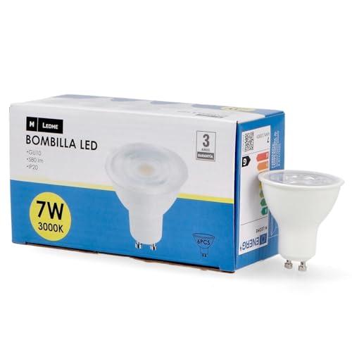 M Ledme - Confezione da 6 lampadine a LED SMD Plus Gu10 7W 60°, luce calda (3000k), attacco GU10, 580 lumen, IP20, apertura fascio luminoso 60°, efficienza energetica e bassi consumi. Modello LM7615
