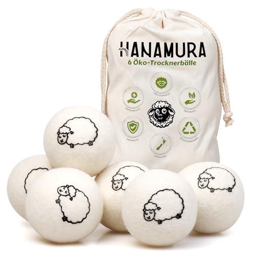 Hanamura Palline per Asciugatrice – Set da 6 Palline di Lana per Asciugatrice XXL 100% Lana Neozelandese – Palline Asciugatrice Antipiega con Sacchetto