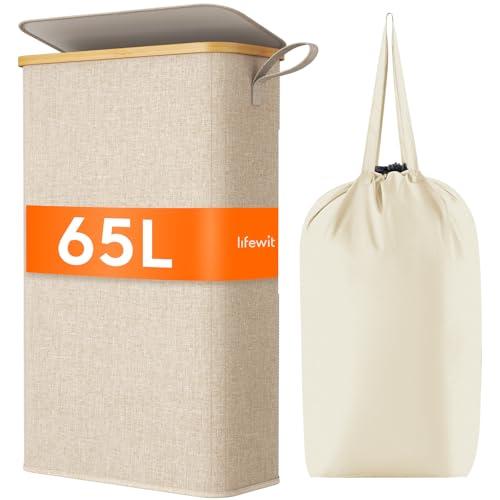 Lifewit Cesto Portabiancheria Salvaspazio, Cesta Biancheria Sporca con Coperchio, Porta Biancheria Sporca Slim per Bagno, Laundry Basket per Camera da Letto, Bagno, Lavanderia, 65 L, Beige