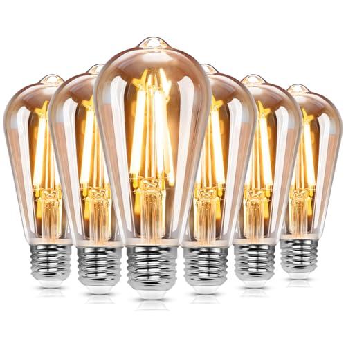Great Jacob Lampadina LED Edison ST64, Lampadina Vintage E27 8W=109W,Lampadina A Filamento Led Luce Calda 2200K, 1680 Lumens,Non Dimmerabile, Confezione Da 6 Unità