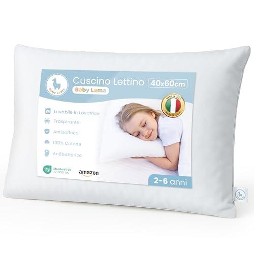 Cuscino Bambino 2 Anni - 6 Anni. Cuscino Lettino Bambino Basso per Dormire 40x60. Cotone 100% Oeko-Tex – Ipoallergenico, Lavabile, Antisoffoco. Made in Italy