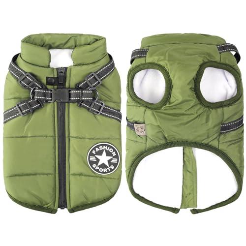Giacche invernali per cani Antivento Impermeabili 2 in 1 Abbigliamento Cappotto termico per tempo freddo Pettorina con giacca invernale per cuccioli Giacca calda per cani invernale Verde M