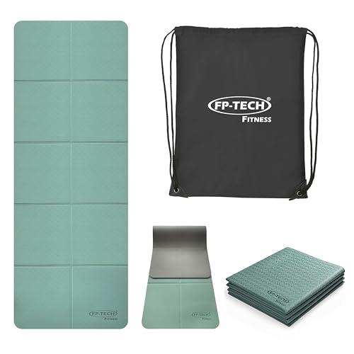 FP-TECH TAPPETINO DA YOGA IMBOTTITO ANTISCIVOLO FITNESS PILATES GINNASTICA IN TPE MAT CON SACCA 183 X 68 X 0.6 CM (Verde Acqua-Grigio-PIEGHEVOLE)