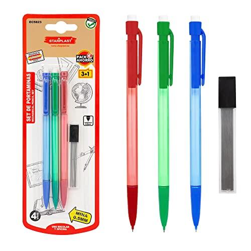 Starplast SET 3 PORTAMINE + 10 MINE HB 3 COLORI, MINE 0,5 MM REGISTRATILE CON CANCELLA PER UFFICIO O SCUOLA