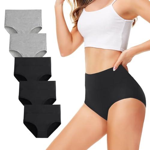 TUUHAW Confezione da 5 Mutande da Donna, in Cotone, a Vita Alta e Traspiranti 3 x Nero + 2 x Grigio XL