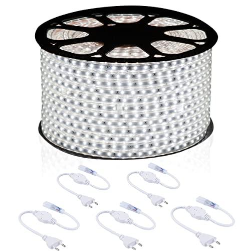 081 Store - Striscia LED 20 Metri Luce Bianca Fredda + 5 Spine, 220V, 60 LED/m - Strip Impermeabile Con Spina, Luci Da Soffitto, Cucina, Armadio, TV, Gaming