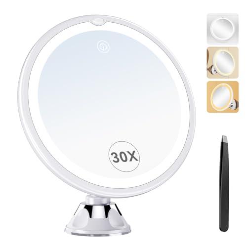 Auxmir Specchio Ingranditore 30X con Luci Specchio Trucco con Luci a 3 Colori Luminosità Regolabile Specchio da Parete 360° Girevole Specchio a Ventosa Potente per Trucco Dettagliato, Casa e Viaggio