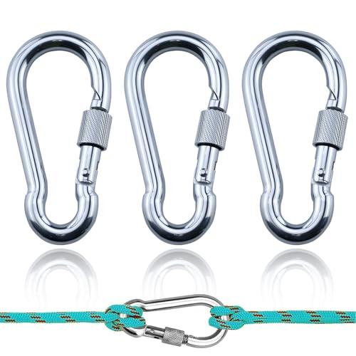 3 Pezzi M8 Moschettone Con Bloccaggio,Moschettone Con Chiusura a Vite,Moschettone molla zincato Alta Qualità,Argento moschettoni antiruggine,per amache, campeggio, pesca