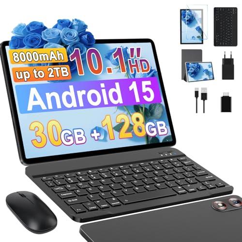 fezawio Tablet 10 pollici Android 15,30GB RAM + 128 ROM (2TB TF) 5G WiFi, Gemini AI, Supporto Widevine L1, 8000mAh,5MP+8MP, GPS, Face ID, BT 5.0, Tablet con Tastiera+Mouse+Case, Grigio