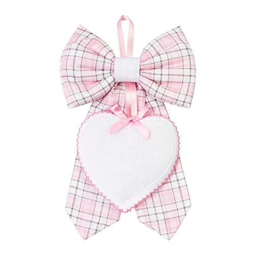 FILET - Fiocco Nascita Rosa con Pendente a Forma di Cuore in Tela Aida 55 Fori da Ricamare, Realizzato in Cotone, Ideale da Appendere per Annunciare la Nascita di una Bambina, Made in Italy