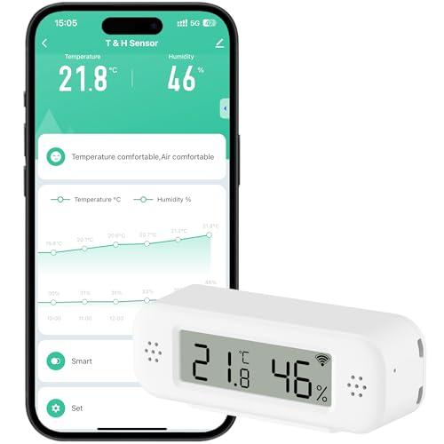 Comboss Termometro Igrometro WLAN interno, sensore di temperatura e umidità con allarme di notifica per applicazioni remote, esportazione gratuita dei dati, compatibile con Alexa (1 pezzo)