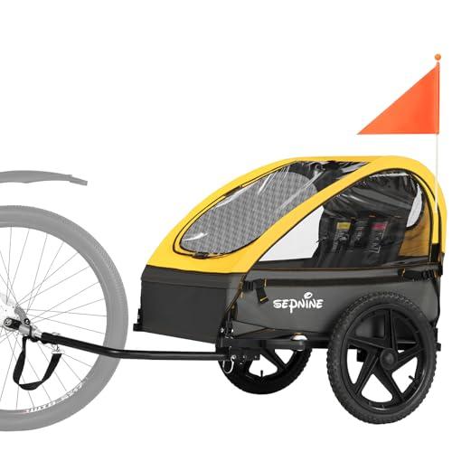 Sepnine Rimorchio per bici per bambini, adatto per 1-2 bambini, dai 12 mesi in su, attacco rapido alla bici, pieghevole, con imbracatura a 5 punti e borse per riporre oggetti, giallo