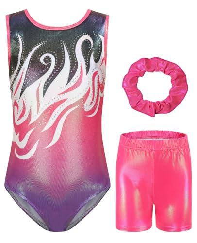 Soudittur Set Ginnastica 3 Pezzi per Bambina Body Ginnastica Artistica Senza Maniche, Pantaloncini e Fascia per Ragazze (Fucsia, 140(9-10 anni))
