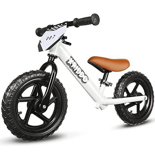 KRIDDO Bicicletta senza pedali 2 anni, Balance Bike età 18 mesi a 5 anni, 12 pollici bici senza pedali con targa personalizzabile (3 set di adesivi inclusi), regalo per 2-3 ragazzi ragazze, Bianco