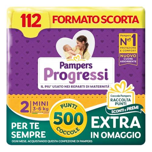 Pampers Progressi Mini +500 Punti Coccole extra in omaggio, Taglia 2 (3-6 kg), 112 Pannolini (formato scorta)