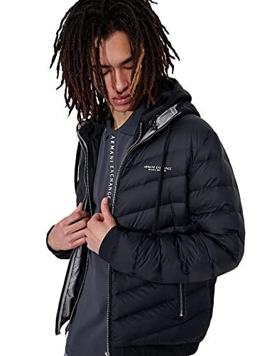 Armani Exchange Hooded Quilted Down Milano/New York Logo Zip-up Jacket Giacca, Blu Navy/Grigio Melange, L Uomo