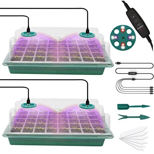 MQFORU Vassoio Germinazione con Luce di Coltivazione, 2 Pezzi 80 Celle Semenzaio per Piantine Mini Serra Propagatore con Luce di crescita Regolabile Luminosità & Umidità Propagatore di Semi Kit