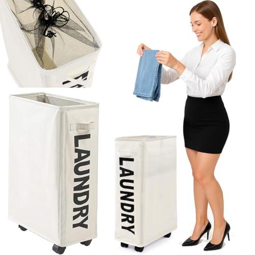 BAKAJI Cesto Porta Biancheria Sporca Portabiancheria Slim Salvaspazio Pieghevole in Tessuto Decorazione Scritta Contenitore con Chiusra a Rete Manico e 4 Ruote Dimensione 39 x 20 x 56 cm (Beige)