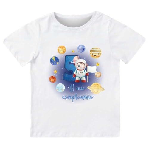 T-shirt in cotone adatto al compleanno 5 anni con tema spazio astronauta (Bianco, 5/6 anni)