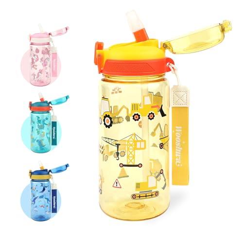 wooshwa Pop-up Borraccia Bambini per la Scuola,600 ml Borraccia con Cannuccia Bambini, Priva di BPA e Lavabile in Lavastoviglie (Escavatore Giallo)