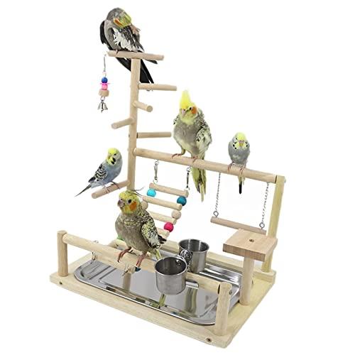 WishesMar Parco Giochi per Pappagalli Palestra per Uccelli Terreno di Gioco per Cocorite con Posatoi Supporto Tazza di Alimentazione Scala Altalena e Vassoio pour Cacatua, Legno, Taglia 45x37x26 CM #B