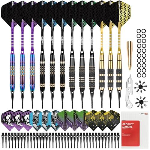 CyeeLife Freccette con punta in plastica, set da 12 freccette morbide, in ottone con 4 disegni, 24 ali, 50 punte, 20 anelli a O e altri accessori per bersaglio elettronico