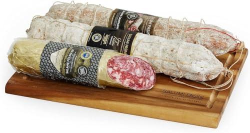 Tagliere regalo Passione Salame Trio Salumi Pasini® | 1 Campagnolo 600g + 1 Gran Filetto 700g + 1 Salame Felino IGP trancio 350g | Tagliere in acacia incluso