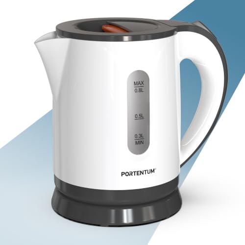 PORTENTUM Bollitore elettrico piccolo 0,8 L con base girevole a 360° – Mini kettle da 1100 W – Filtro anticalcare estraibile – Indicatore di livello – Spegnimento automatico di sicurezza