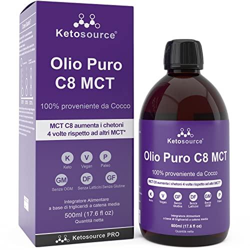 Olio MCT C8 Puro | Produce 4 volte chetoni rispetto ad altri oli MCT | Massima purezza superiore al 99% | 100% cocco | Supporta la Keto Diet e il Digiuno | Bottiglia plastica 500ml | Ketosource®