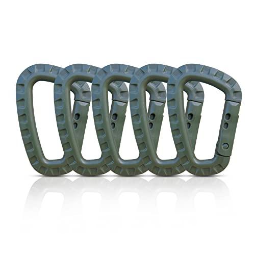 Holesto® Set di 5 Moschettoni in Plastica – Moschettone Nero Tattico Militare – Clip da Esterno Grande – Molle a D – Gancio in Plastica Resistente – Carabiner – 5 Pezzi (Verde)