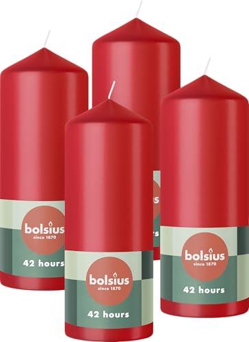 Bolsius Candele a pilastro lisce - colore rosso - 4 pezzi - 15 x 6 cm - lunghezza 42 ore - non profumate - contiene cera vegetale naturale - senza olio di palma