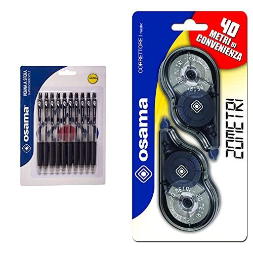OSAMA OBG penna a sfera a scatto, scorrevole e precisa nera, 10 pezzi & Correttore a Nastro, 2 pezzi/20 metri