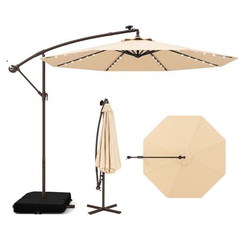COSTWAY Ombrellone Decentrato da 3 m con 40 Luci a LED, con Sacco di Sabbia, Pannello Solare, Impermeabile, Ombrellone da Giardino per Esterno Piscina Patio (Beige)