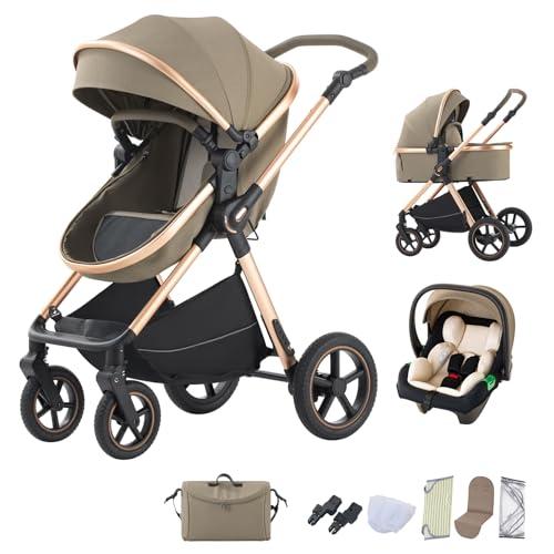 BEBBY passeggino trio, combinazione passeggino 3 in 1 cittadino con passeggino portatile con neonato pieghevole di lusso con modello ad alta vista (D2-LIGHT BROWN, H2-D)