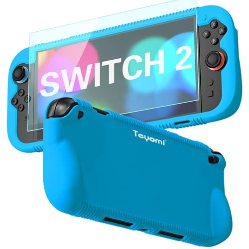 Teyomi Custodia protettiva in silicone compatibile con Nintendo Switch 2, Cover antiurto per Nintendo Switch 2 con pellicola protettiva in vetro temperato, custodia ergonomica per Switch 2 (Blu)
