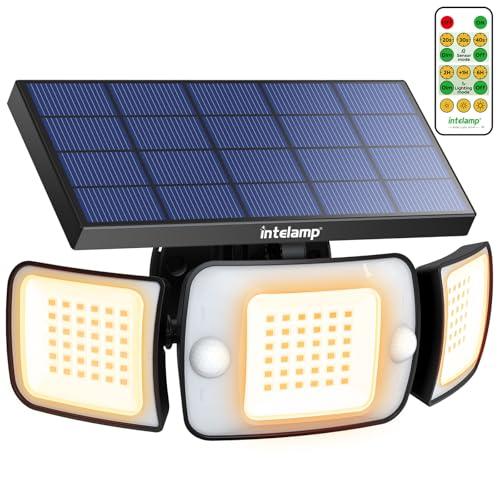 INTELAMP Lampada Solare da Esterno 3300K Luce Calda, 6000mAh 1200LM Faro Led Esterno con Pannello Solare con Sensore di Movimento, 108LED Faretti per Esterni Impermeabile
