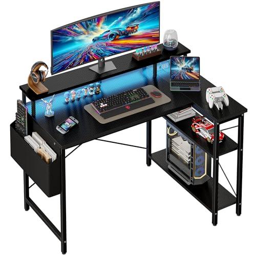 Grandder Scrivania ad Angolo Reversibile 100x70cm, Tavolino Computer a Forma L Ripiani Portaoggetti e Struttura in Acciaio, per Gaming, Computer, Ufficio, Studio e Casa, Nero