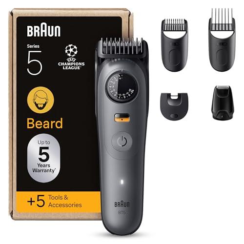 Braun Regolabarba Uomo Series 5, Rasoio Elettrico Barba Braun, +5 Strumenti Styling, Lama Ultra Affilata, 120 Min Autonomia, Impermeabile, Selettore di Precisione Con 40 Lunghezze&Blocco BT5525 Grigio