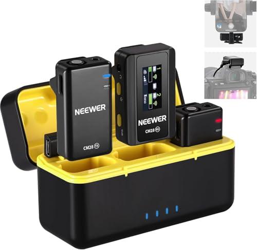NEEWER CM28 (1 RX + 2 TX + custodia ricarica), microfono lavalier wireless,Anti Rumore, registrazione non compressa a 48 kHz/16 bit per 9 ore, portata 200 m, Compatibile con iPhone/Android/ Fotocamera