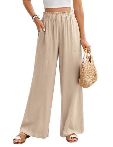 PASUDA Pantaloni Lino Donna Estivi Larghi Leggeri con Elastico in Vita Alta - Eleganti Casual da Spiaggia Comodi Tinta Unita con Tasche