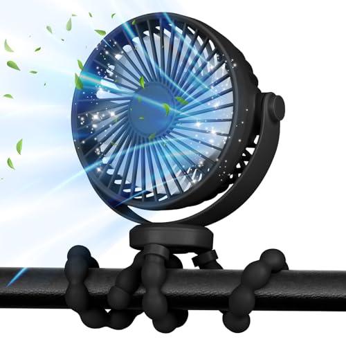 POPERFUN Ventilatore Portatile per Passeggino 5200mAh 40H,Ventilatore USB Rotazione a 360° a 3 Velocità,Ventilatore Ricaricabile con Treppiede Flessibile per Passeggino, Culle, Sedute, Viaggio (Nero)