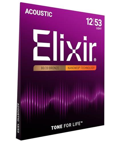 Corde per chitarra acustica bronzo 80/20 Elixir Strings con rivestimento NANOWEB, Light (.012-.053)