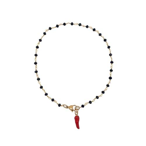 Cavigliera con catena dorata e cristalli neri e ciondolo CORNETTO ROSSO PORTAFORTUNA. Realizzata a mano. Lunghezza 27 cm.