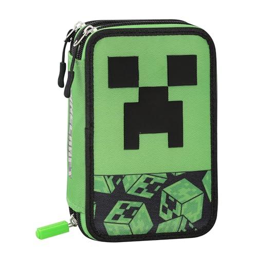 MINECRAFT - Astuccio Scuola Ufficiale Minecraft, Astuccio 3 Scomparti Bambini e Ragazzi con Set Cancelleria Incluso, 5 Etichette Adesive Portanome e Pratica Chiusura a Zip, 13x20Hx7 cm