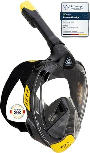 CRESSI Bali Full Face Mask Black/Yellow L/XL-Maschera Snorkeling Integrale Unisex, Lente Ultra Chiara Anti Fog, 100% Silicone, Snorkel Dry con Valvole Sicurezza, Supporto Action Cam, Nero/Giallo, L/XL