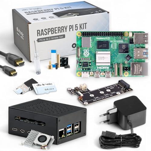 Raspberry Pi 5 8GB PCIe M.2 NVMe - Set | Custodia in metallo | Dispositivo di raffreddamento attivo | Scheda PCIe SSD M.2 NVMe | Alimentatore ufficiale da 27 W | Scheda di memoria da 64 GB