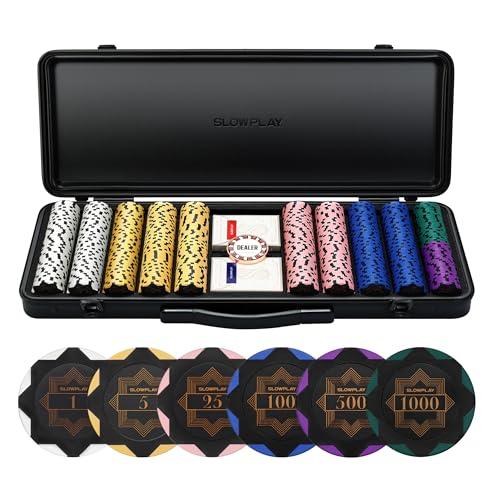 SLOWPLAY Nash Set da Poker, 500 fiches professionali, 14g | clay chips [con valore] per Texas Holdem | Valigetta di Alta qualità | Pulsante del Dealer e Carte in plastica
