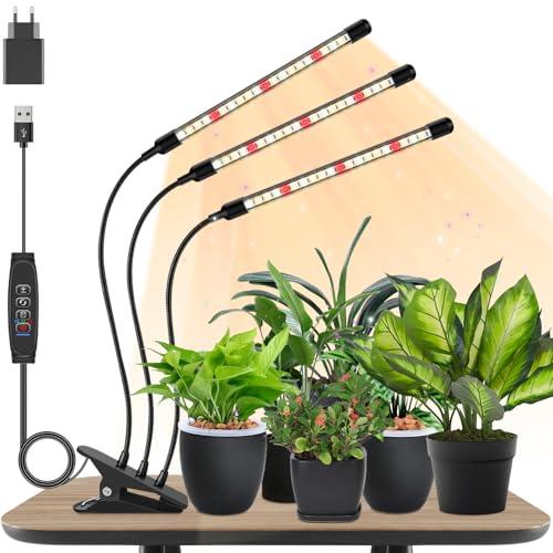 3 teste di luce per piante, Lampada per Piante LEDs, Lampada Piante Coltivazione, Luce di crescita a spettro completo, Lampada di Crescita con Timer Auto on/off 3/9/12H per Frutta Verdure Fiore