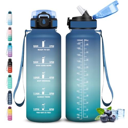 Grsta Borraccia 1,5 litri, Borraccia con Cannuccia, Senza Perdite, Borraccie Palestra, Facile da Pulire, Bottiglia Graduata, Con Slogan Motivazionale, Borracce per Fitness, Campeggio, Viaggio